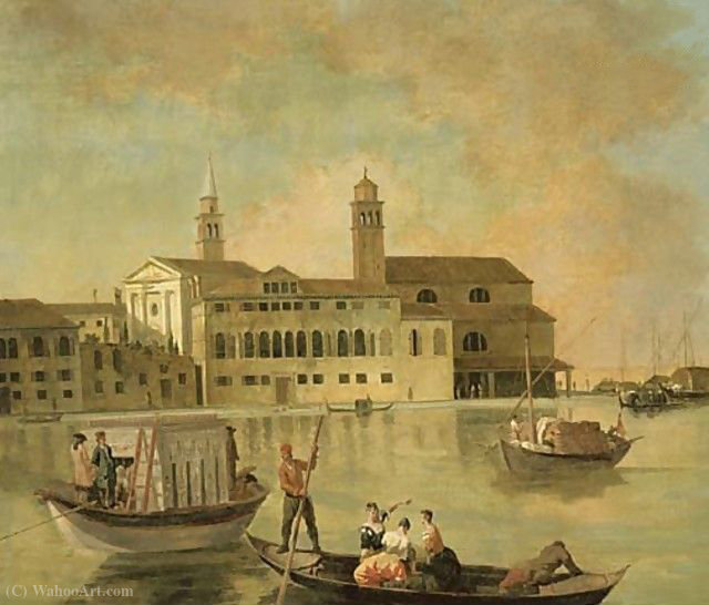 Venedig, Eine Ansicht Von San Biagio Und Der Kirche San Biagio E Cataldo Auf Der Giudecca Mit Eleganten Figuren In Einem Burchiello — Johan Richter