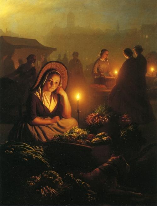 A Young Girl Selling Vegetables At The Night Market, With The Dam Palace And The Nieuwe Kerk In The Distance, Amsterdam — Petrus Van Schendel