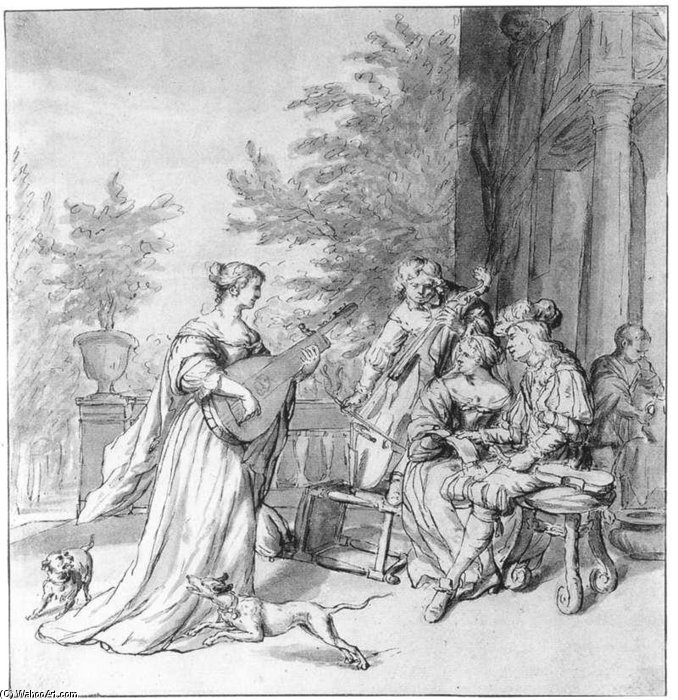 Elegant Company Making Music On A Terrace — Nicolaas Verkolje