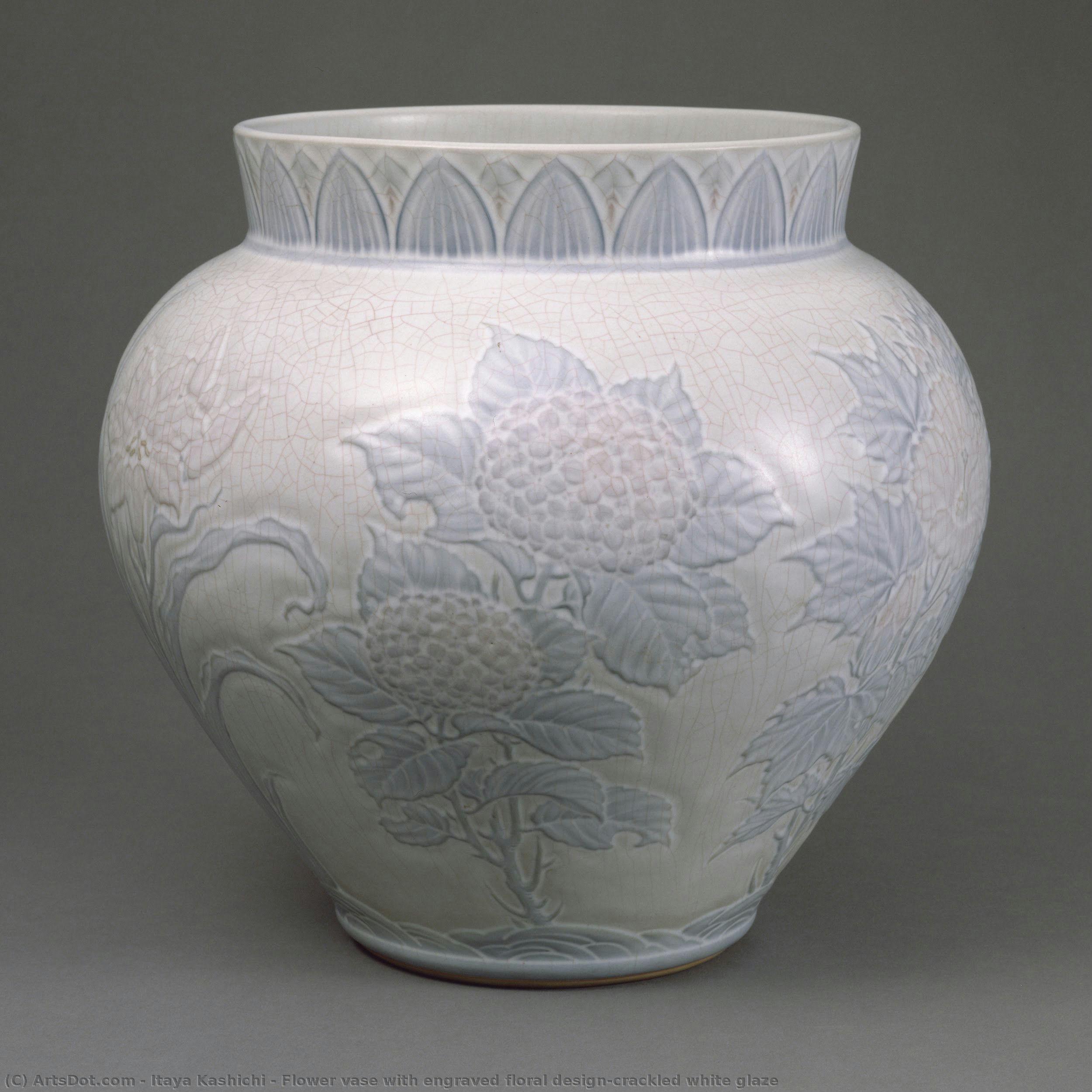 Flower Vase With Engraved Floral Design,crackled White Glaze — Itaya Kashichi