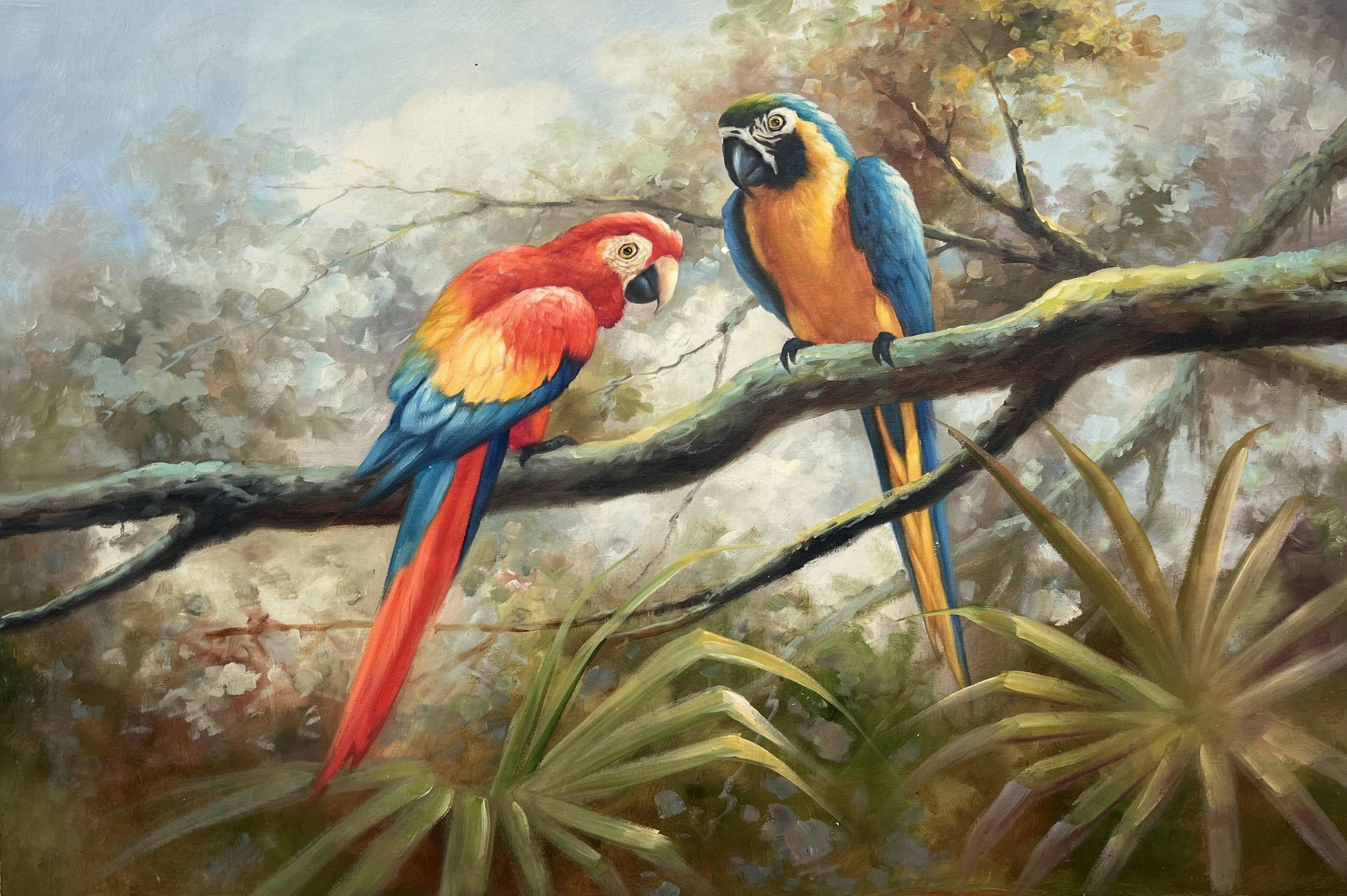 Impressionistic Tropical Macaws On Branch