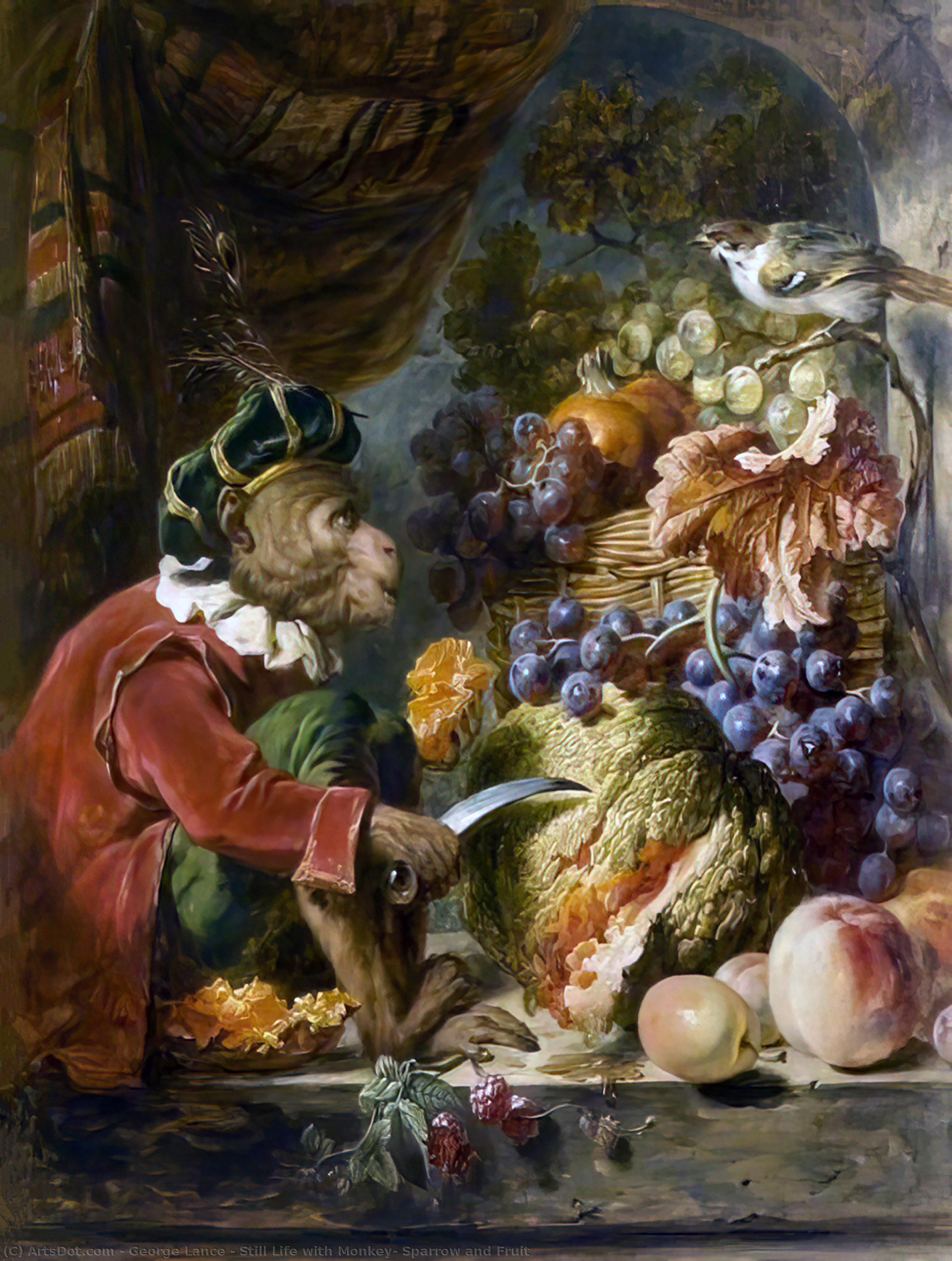 Still Life With Monkey, Sparrow And Fruit — George Lance