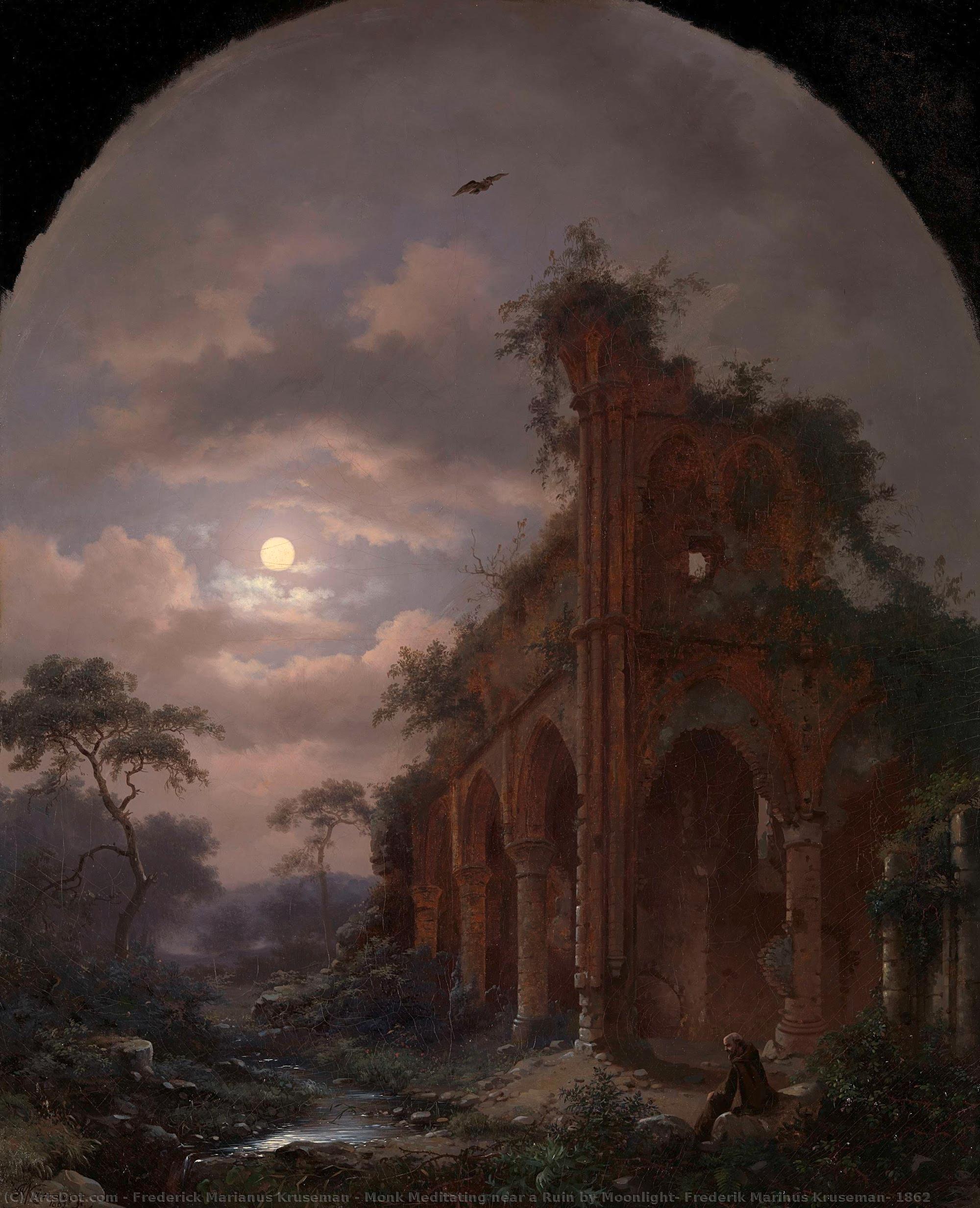 Monk Meditating Near A Ruin By Moonlight, Frederik Marinus Kruseman, 1862 — Frederick Marianus Kruseman