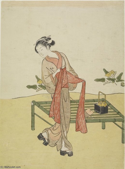Young Woman Tying Obi Beside Bamboo Bench — Suzuki Harunobu