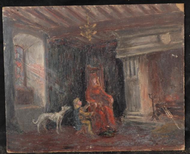 Femme, Enfant Et Un Chien Près D'une Cheminée — Valentine Reyre