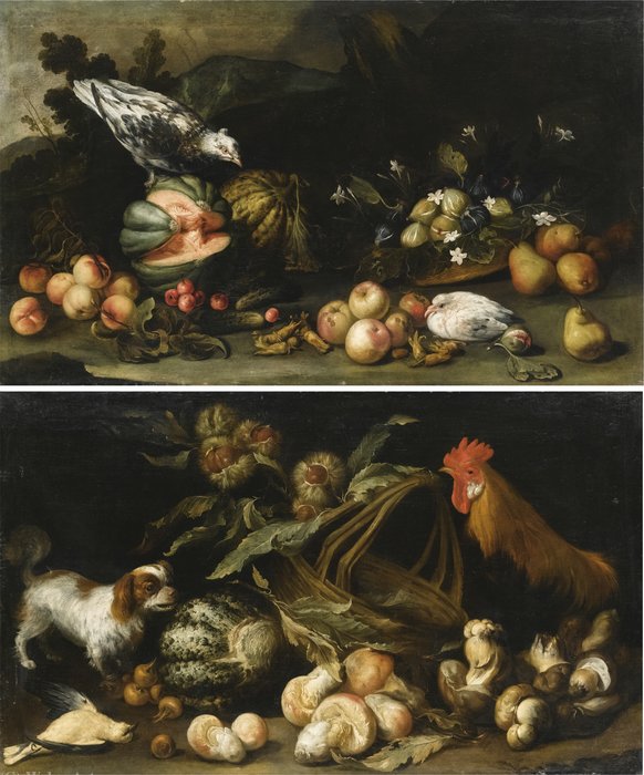 A Forest Floor Still Life With A Dog, A Cockerel, Horse Chestnuts And A Melon; A Forest Floor Still Life With Figs, Pears, Melons, Apricots And Cucumbers — Antonio Maria Vassallo