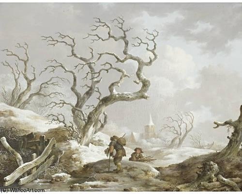 Peasants Collecting Wood Before A Winter Landscape — Andries Vermeulen