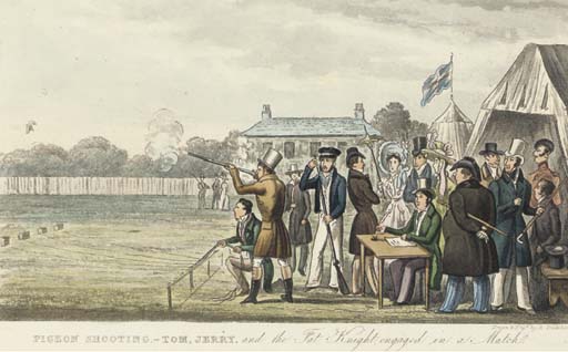 Pigeon Shooting. -tom, Jerry, And The Fat Knight, Engaged In A Match — Isaac Robert Cruikshank
