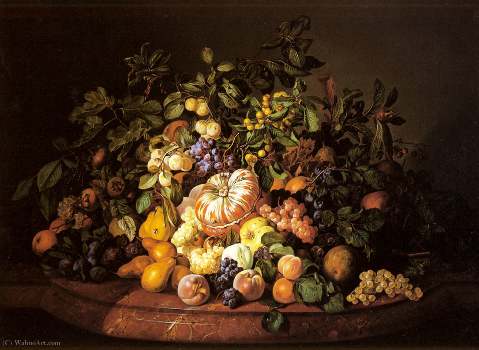 A Still Life Of Fruit On A Marble Ledge — Leopold Zinnogger