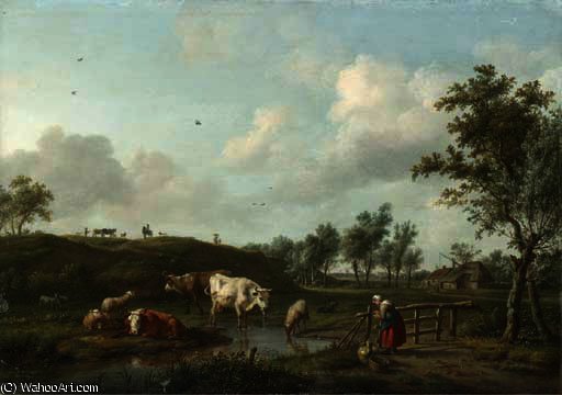 A Landscape With Cows Watering And A Shepherdess Mending A Fence — Balthasar Paul Ommeganck