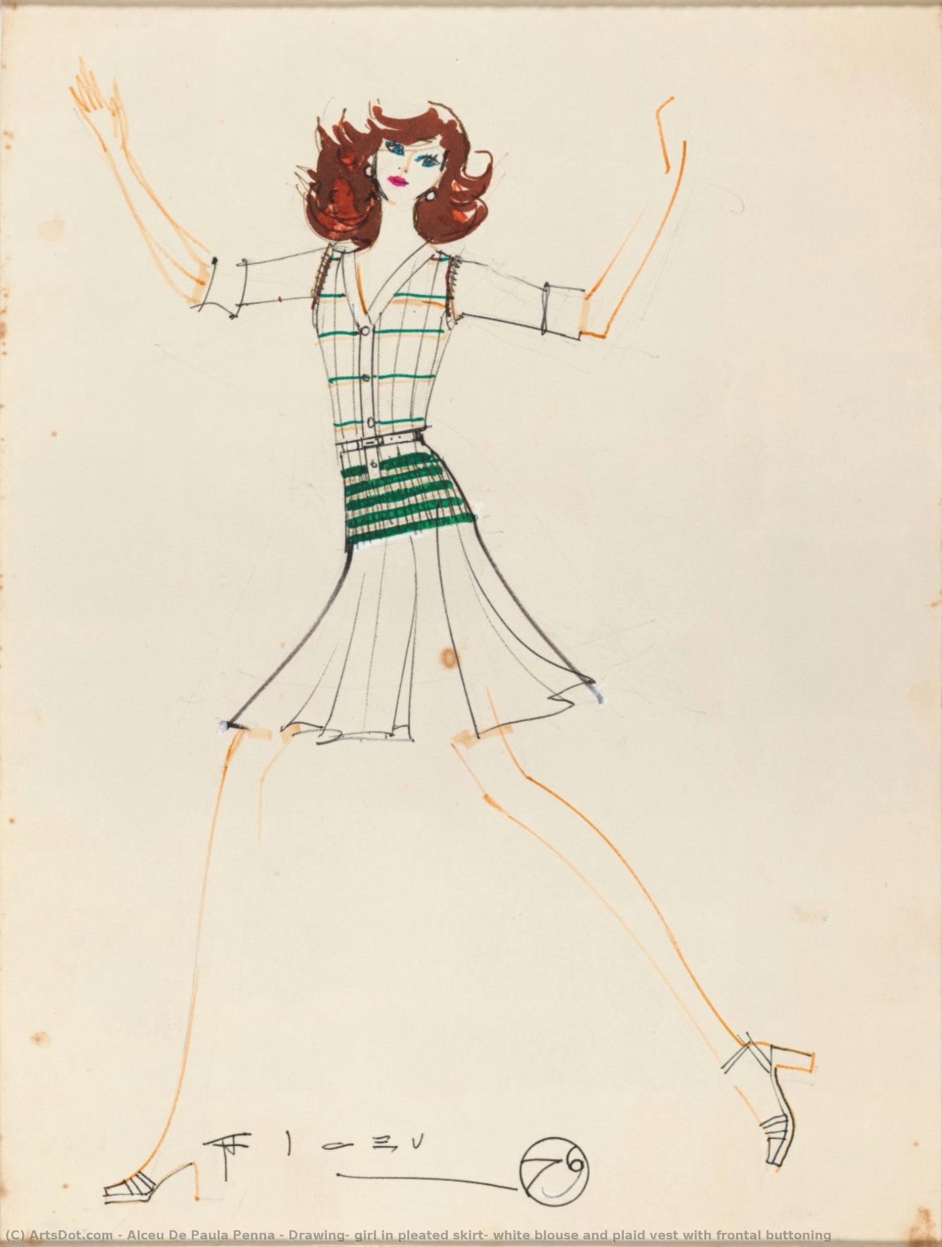 Drawing, Girl In Pleated Skirt, White Blouse And Plaid Vest With Frontal Buttoning — Alceu De Paula Penna