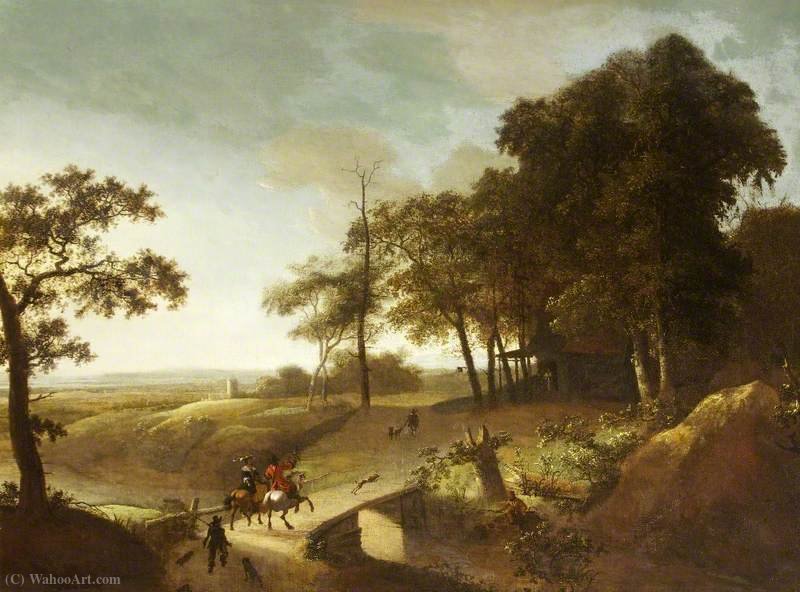 A Wooded River Landscape With A Hawking Party Crossing A Bridge — Frederick De Moucheron
