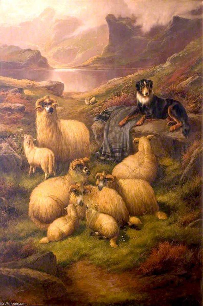 Highland Landscape With Sheepdog And Sheep — John Joseph Barker