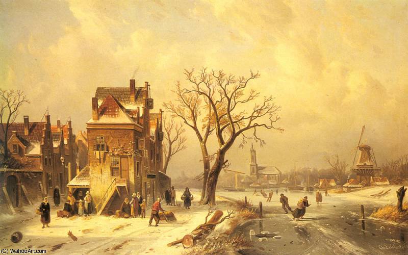 Skaters In A Frozen Winter Landscape — Charles Henri Joseph Leickert