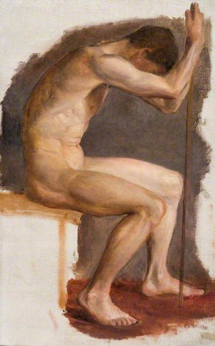 Seated Male Nude, Leaning Forward On A Staff — Brian Hatton