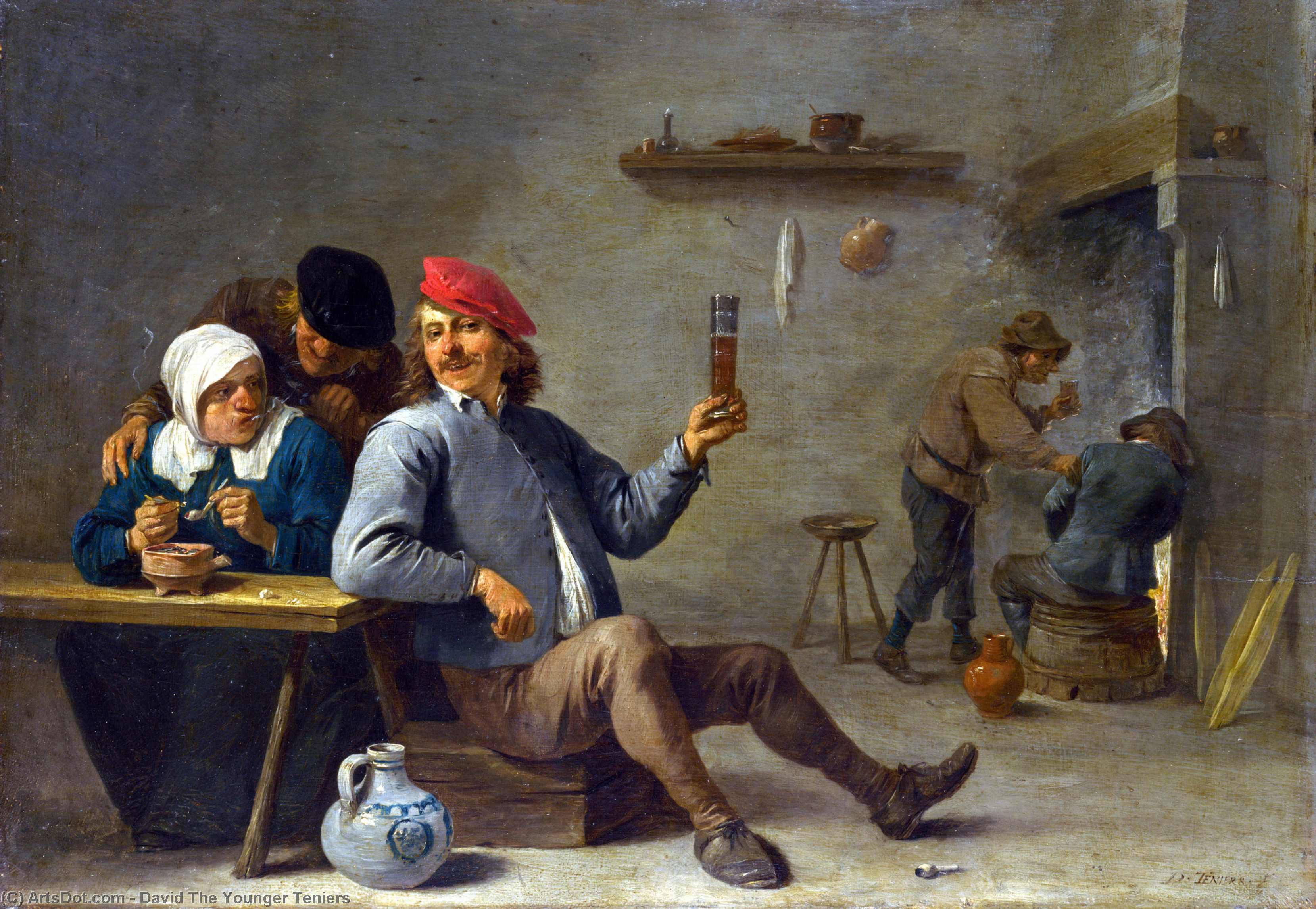 A Man Holding A Glass And An Old Woman Lighting A Pipe — David Teniers The Younger