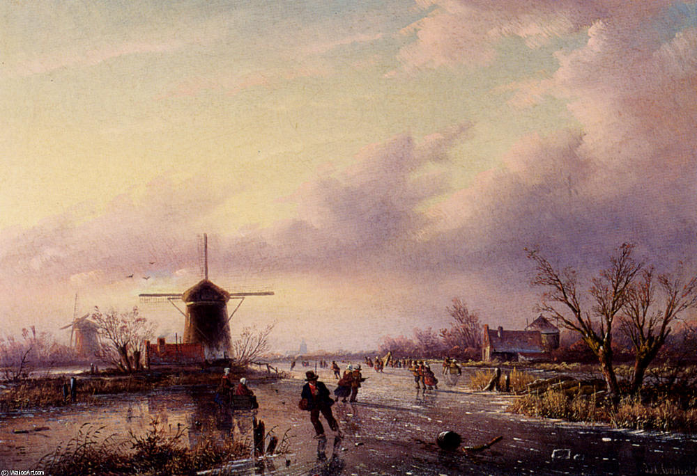 A Winter Landscape With Figures On A Frozen Waterway — Jan Jacob Coenraad Spohler