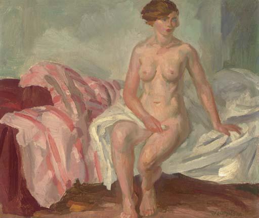 Nude, Pink Striped Coverlet — John French Sloan