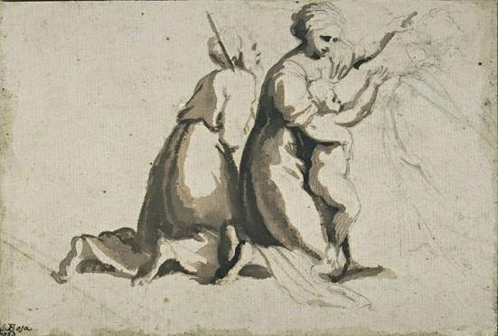 Old Kneeling, And Kneeling Woman Holding Her Child Against Her — Salvator Rosa
