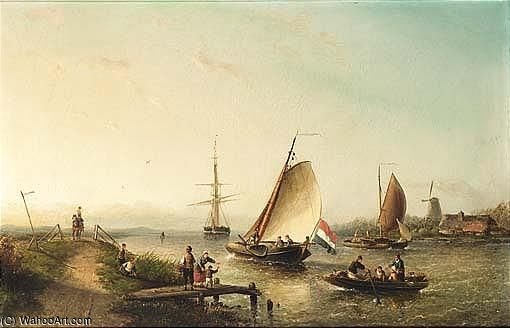 A River Scene With Sailing Vessels And Figures On A Riverbank — Nicolaas Riegen