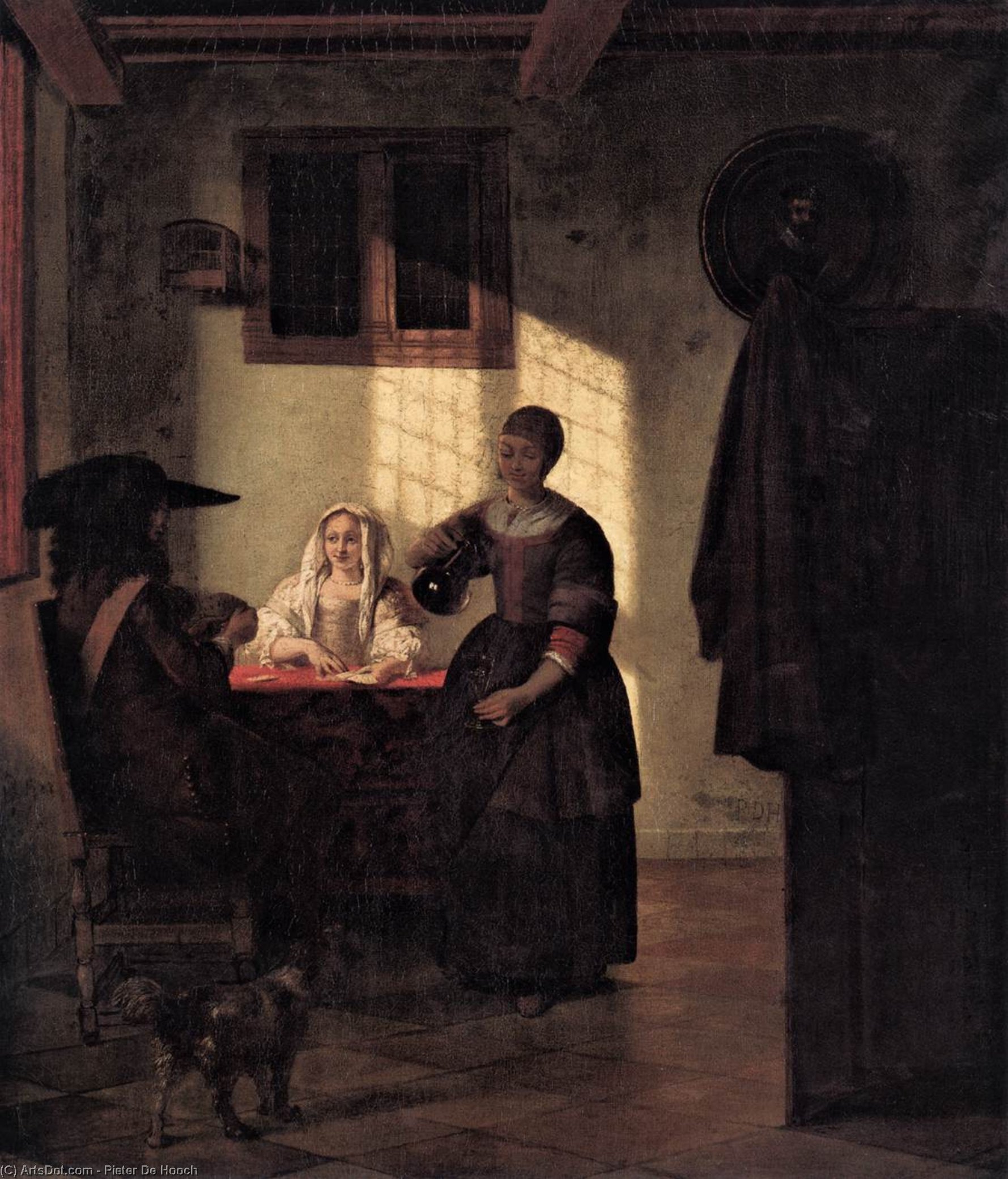 A Couple Playing Cards, With A Serving Woman — Питер Де Хух