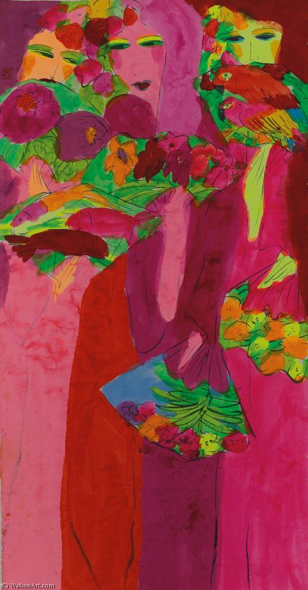 Three Girls In Red And Pink — Walasse Ting