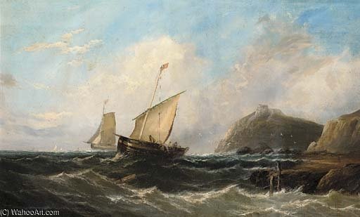 Fishermen Hauling In Their Nets Off A Rocky Headline With A Ruined Castle — John Callow