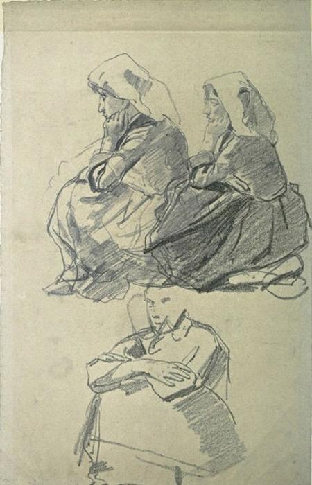Two Breton Sitting On The Ground And Another Woman — Johan Barthold Jongkind
