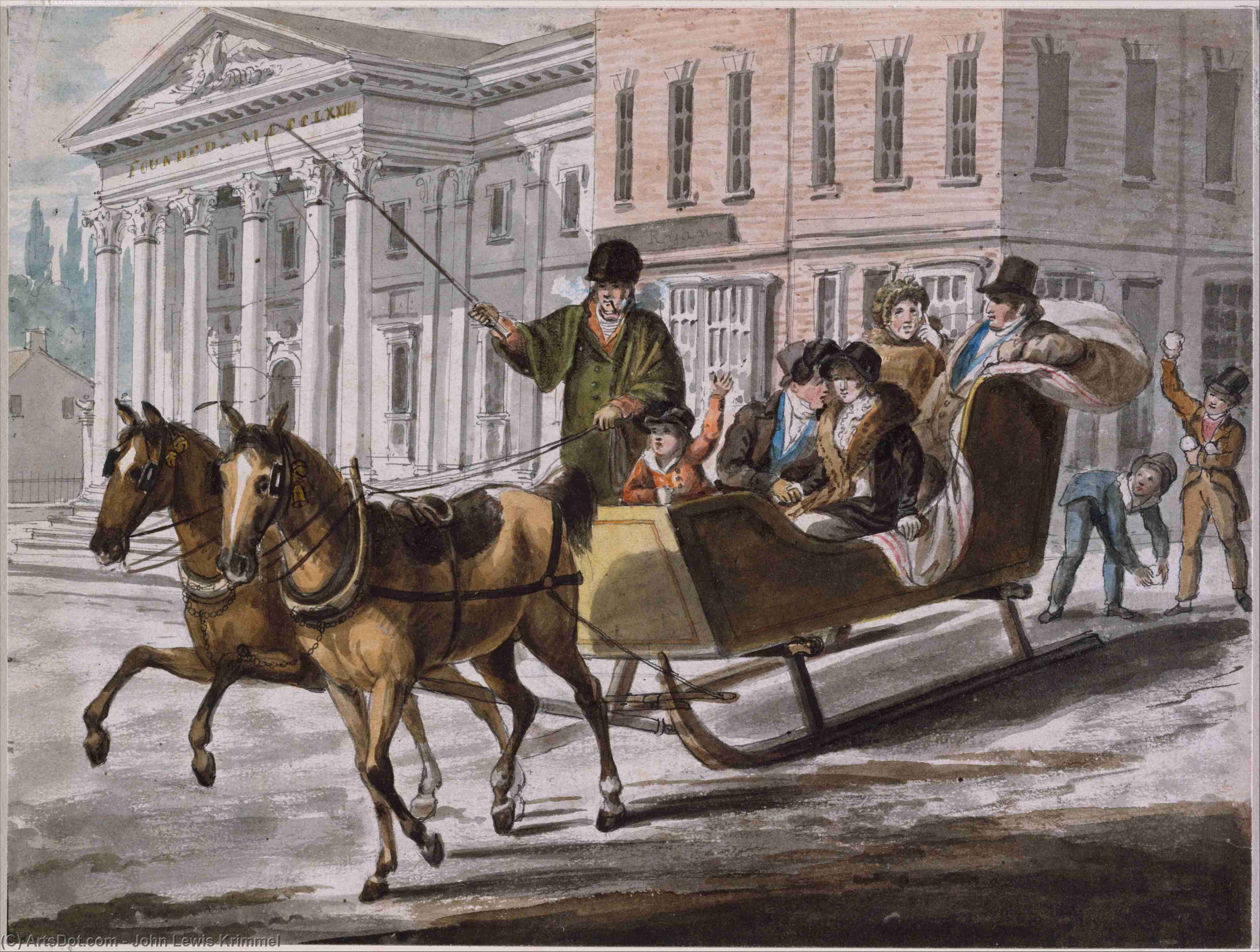 Winter Scene In Philadelphia-the Bank Of The United States In The Background — John Lewis Krimmel