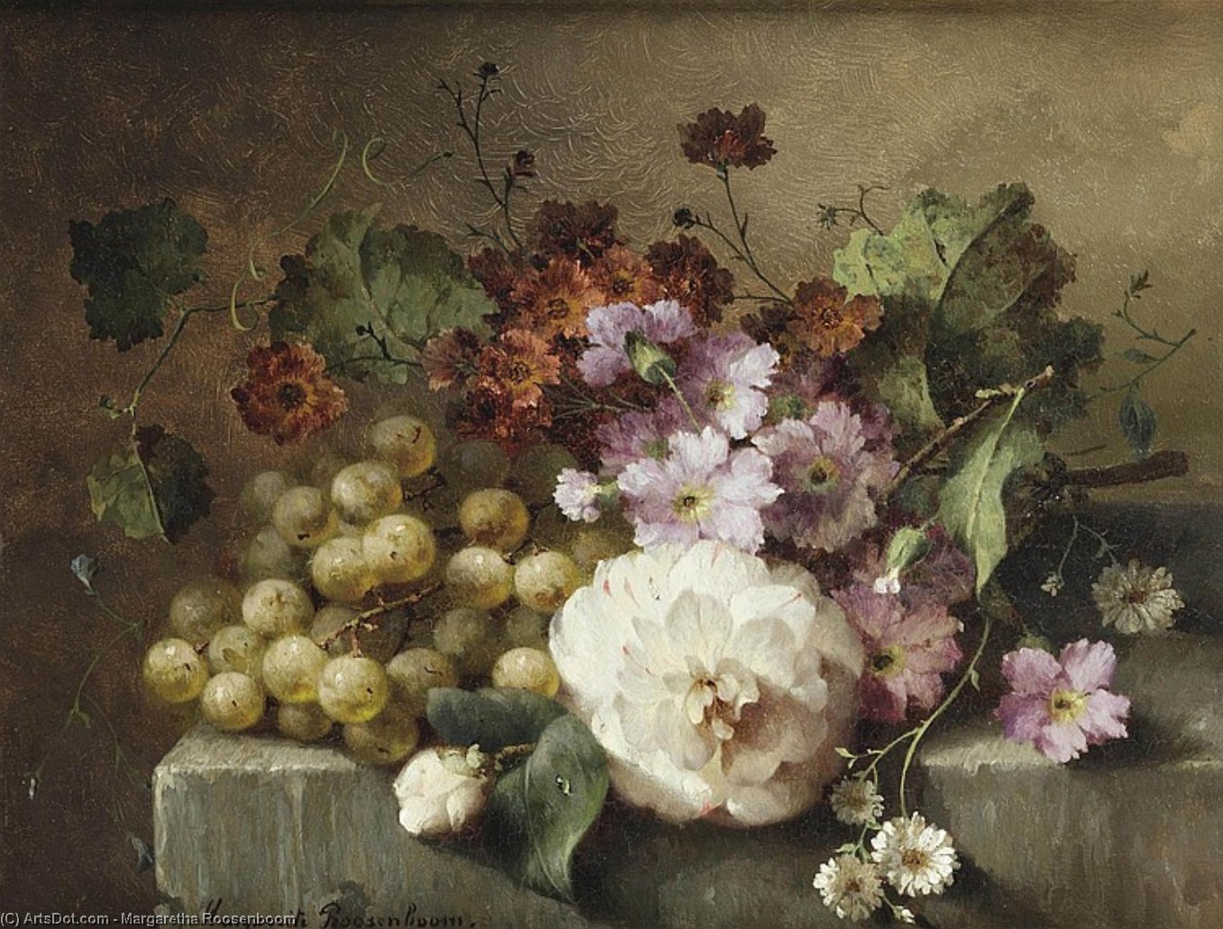 A Camellia, Carnations, Grapes And Other Flowers On A Marble Ledge — Margaretha Roosenboom