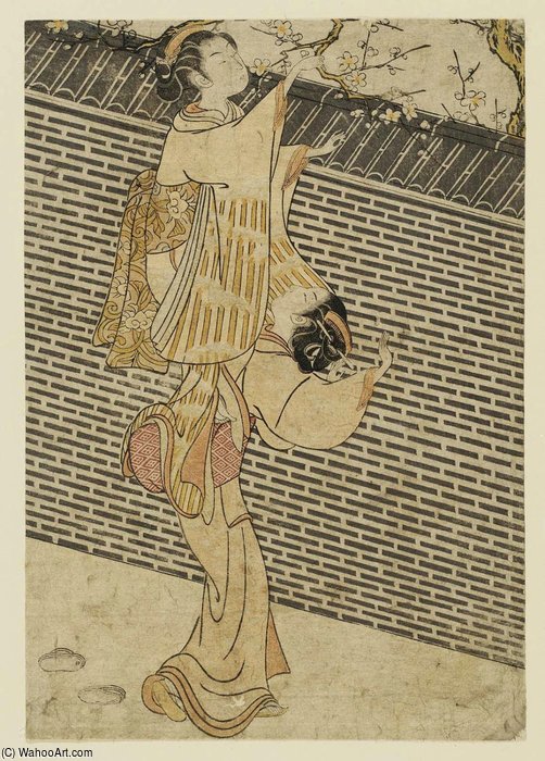 Women Picking Plum Blossoms At A Wall — Suzuki Harunobu