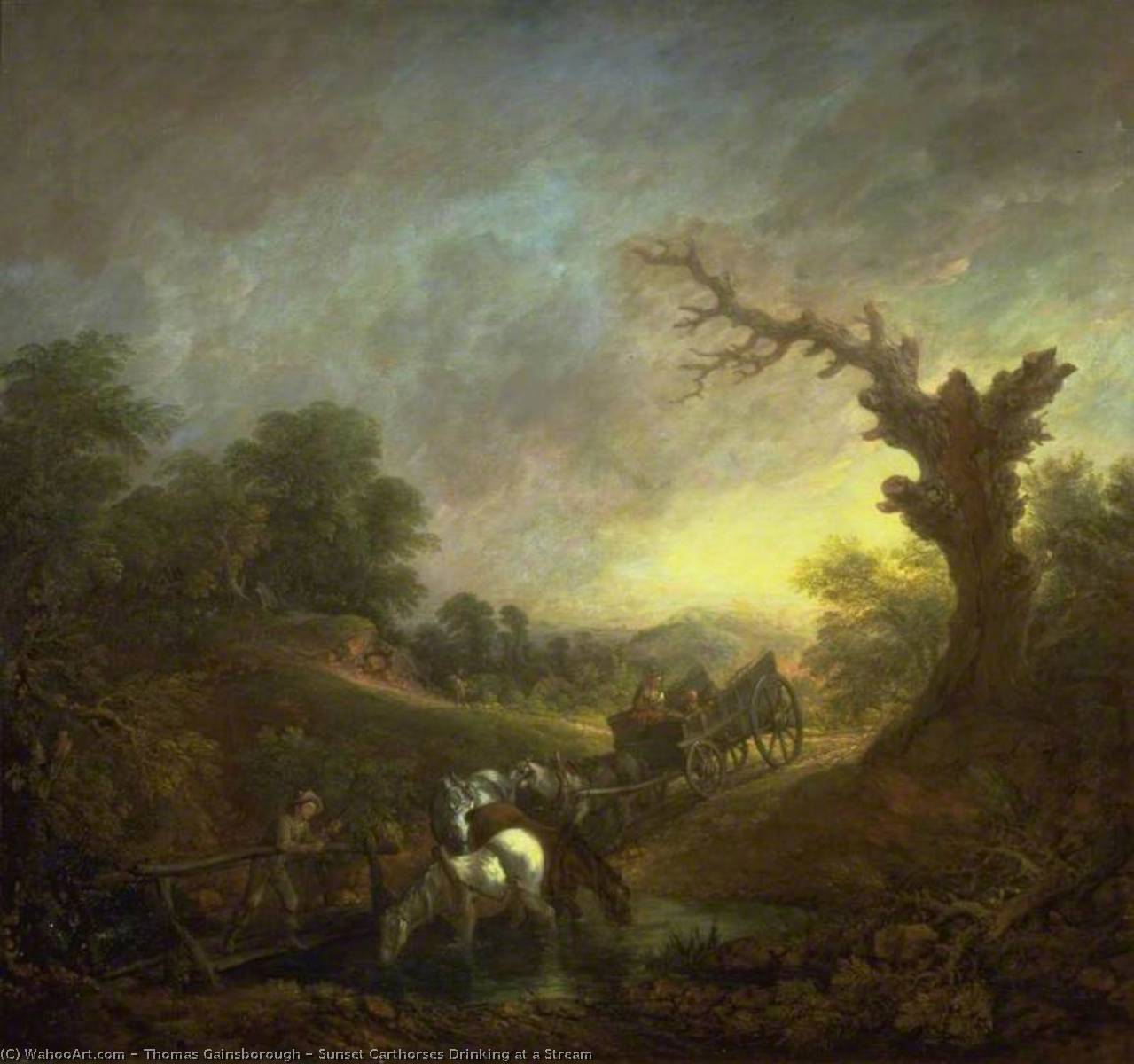 Arbeitspferde Beim Trinken An Einem Bach Im Sonnenuntergang — Thomas Gainsborough
