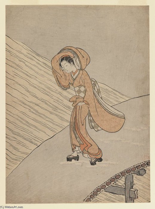 Young Girl Crossing A Bridge After Snow Calendar Year Of The Second Year Of Meiwa — Suzuki Harunobu