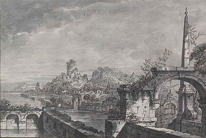 A Capriccio Landscape With Buildings And A Ruined Castle On A River, A Terrace With Ruins And An Obelisk — Antonio Visentini