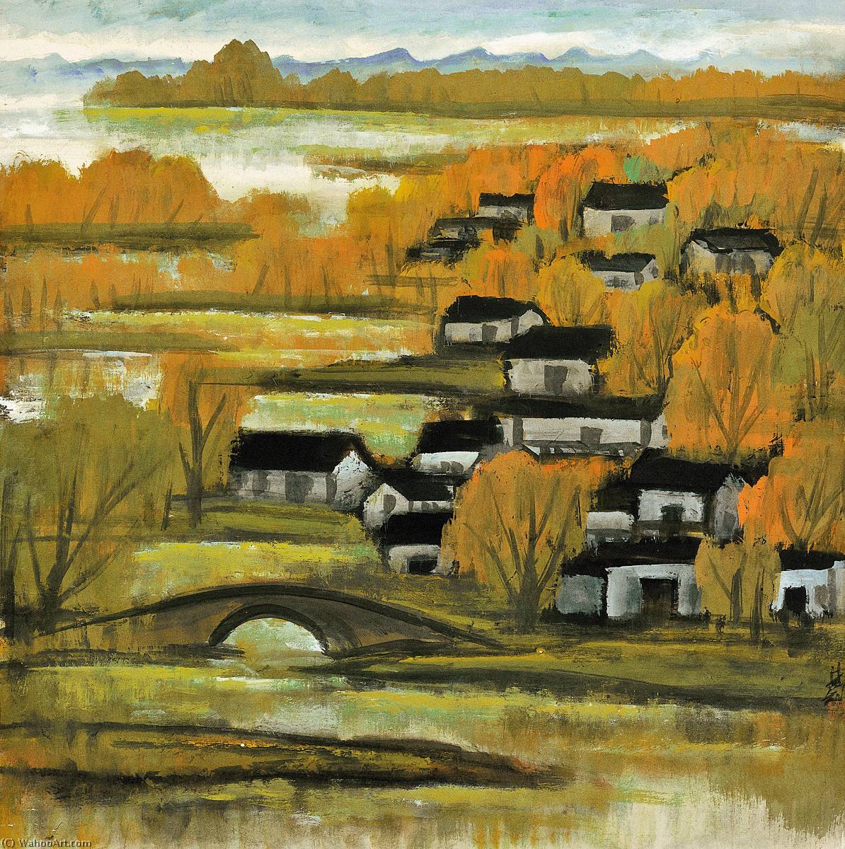 Autumn Lakeside Scenery — Lin Fengmian Gans Volando Sobre El Estanque De Loto