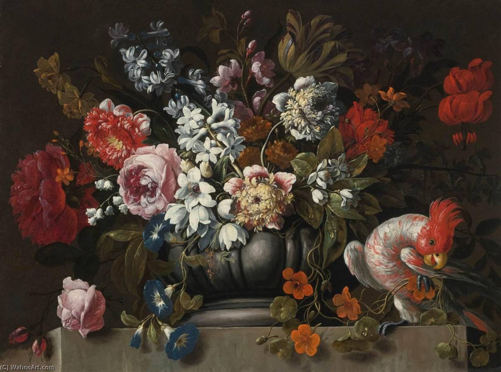Still Life Of Flowers In A Stone Urn With A Parrot — Gaspar Peeter The Younger Verbruggen