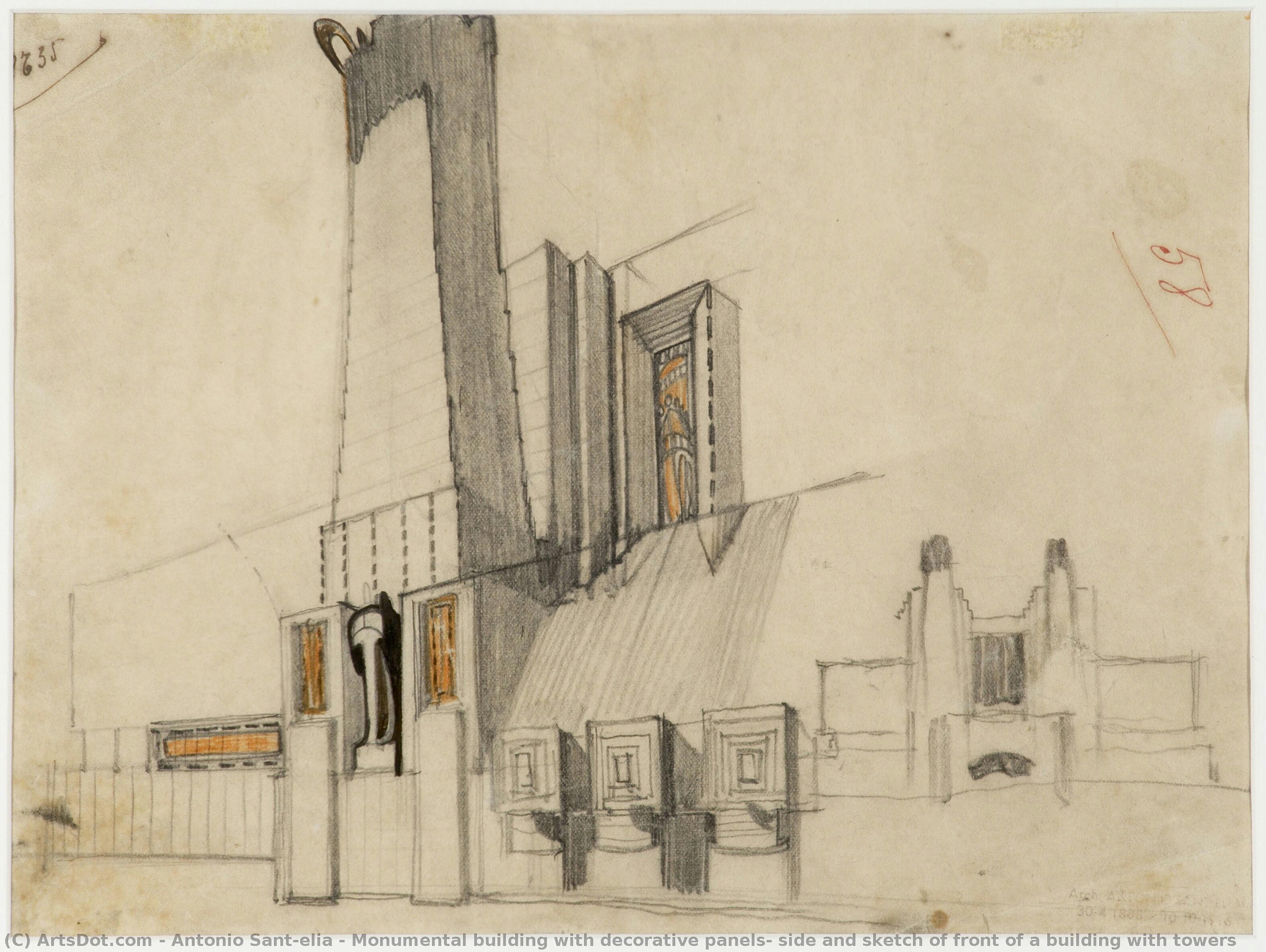 Monumental Building With Decorative Panels, Side And Sketch Of Front Of A Building With Towers — Antonio Sant'elia