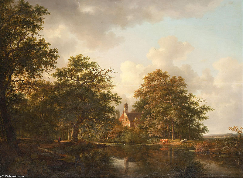 Figures And Cows At A Lake In A Wooded Landscape — Andreas Schelfhout