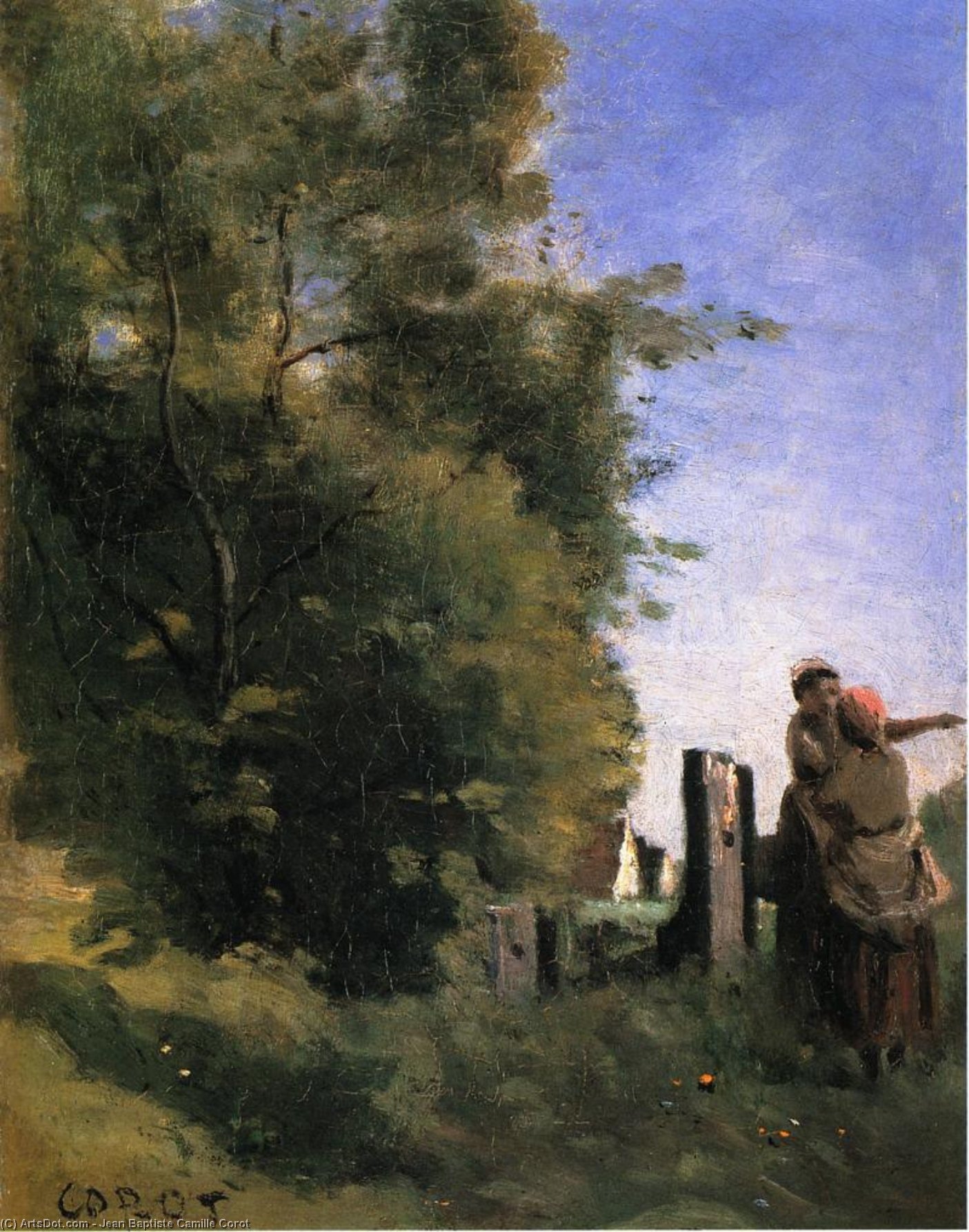 Two Women Talking By A Gate — Jean-baptiste-camille Corot