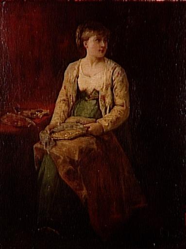 Jeune Paysanne Cousant Nähendes Bauernmädchen (traduction) Alsacienne Au Bonnet Doré (ancien Titre Donné Par L'artiste) — Gustave Adolphe Jundt