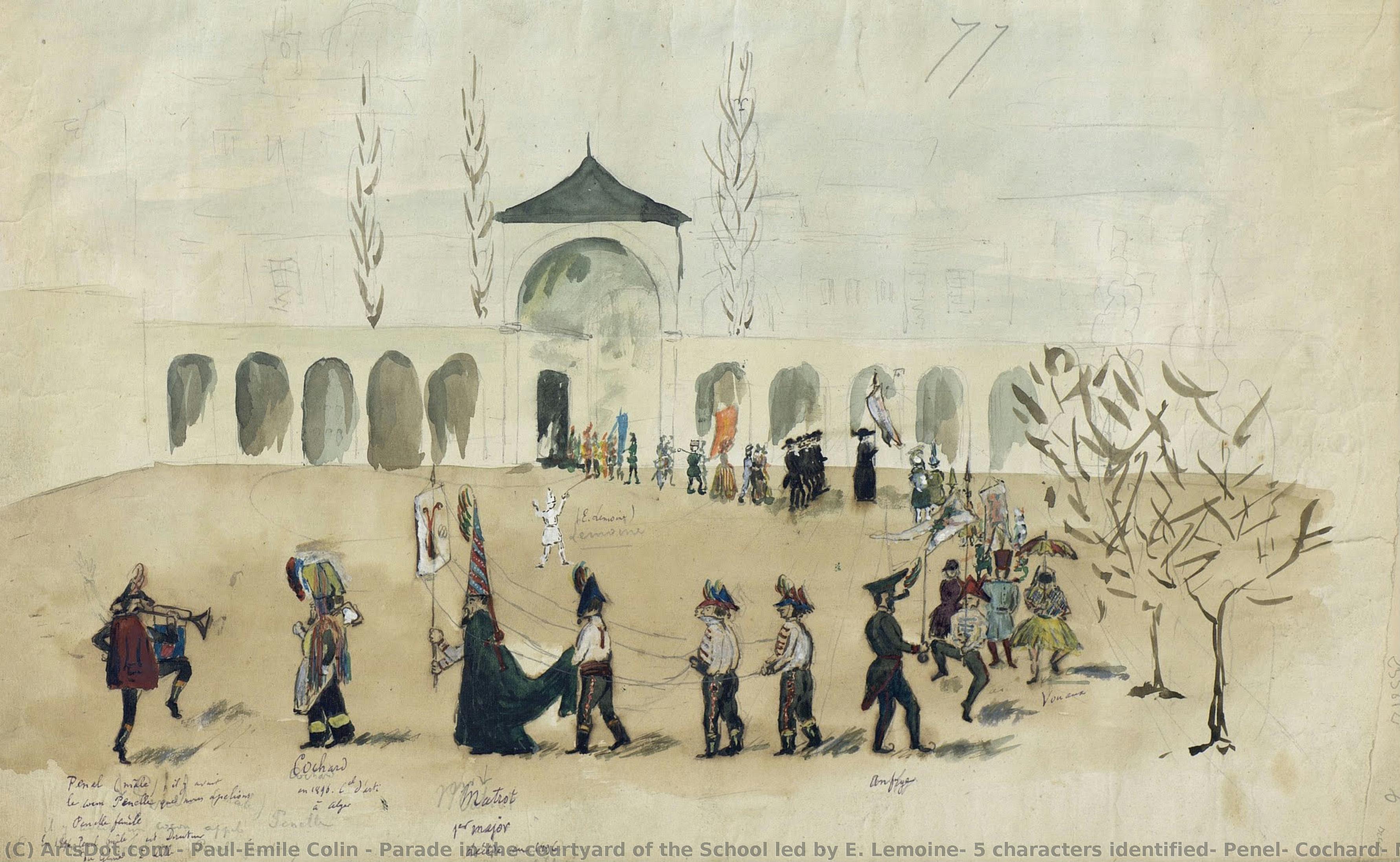 Parade In The Courtyard Of The School Led By E. Lemoine: 5 Characters Identified, Penel, Cochard, Matrot, Anfrye, Vouaux — Paul-émile Colin