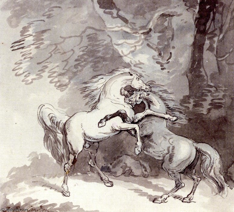 Horses Fighting On A Woodland Path — Thomas Rowlandson