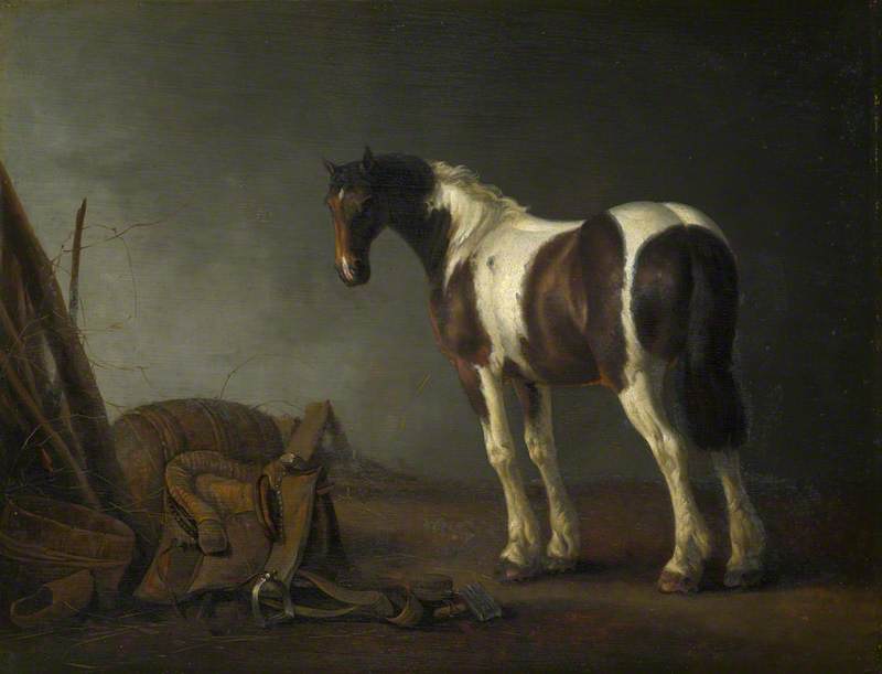 A Brown And White Skewbald Horse With A Saddle Beside It — Abraham Pietersz Van Calraet