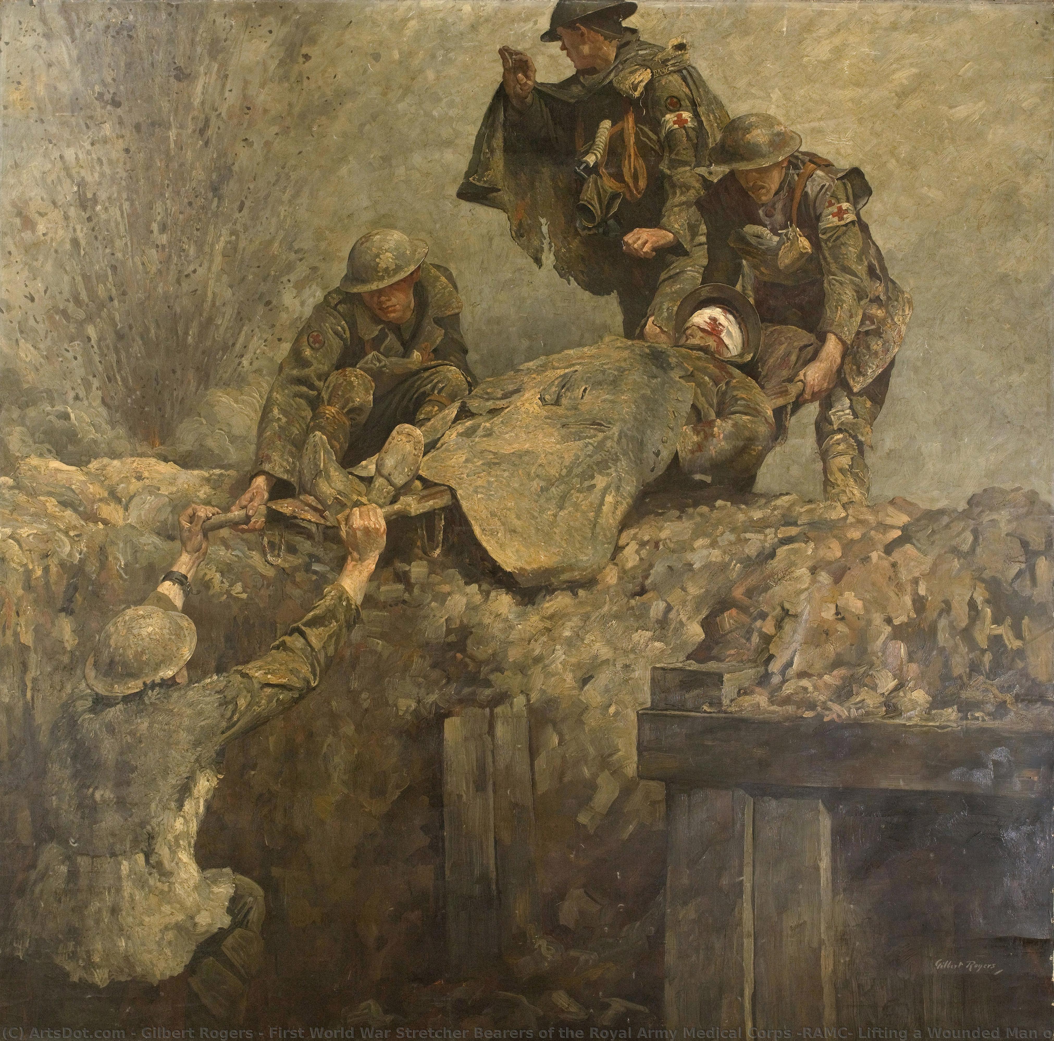 First World War Stretcher Bearers Of The Royal Army Medical Corps (ramc) Lifting A Wounded Man Out Of A Trench — Gilbert Rogers
