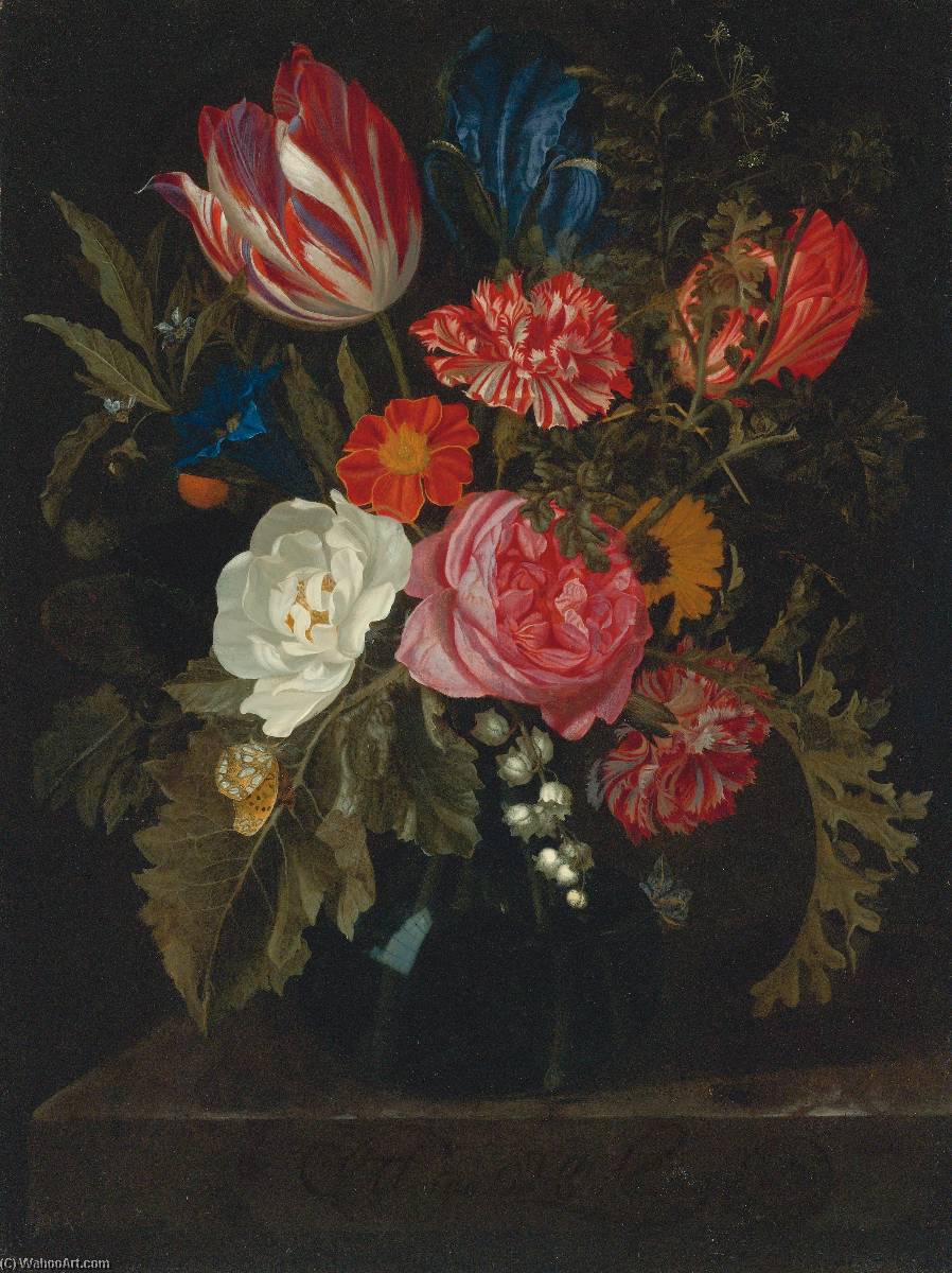 Still Life Of Roses, Carnations, A Tulip And Other Flowers In A Glass Vase — Maria Van Oosterwijck