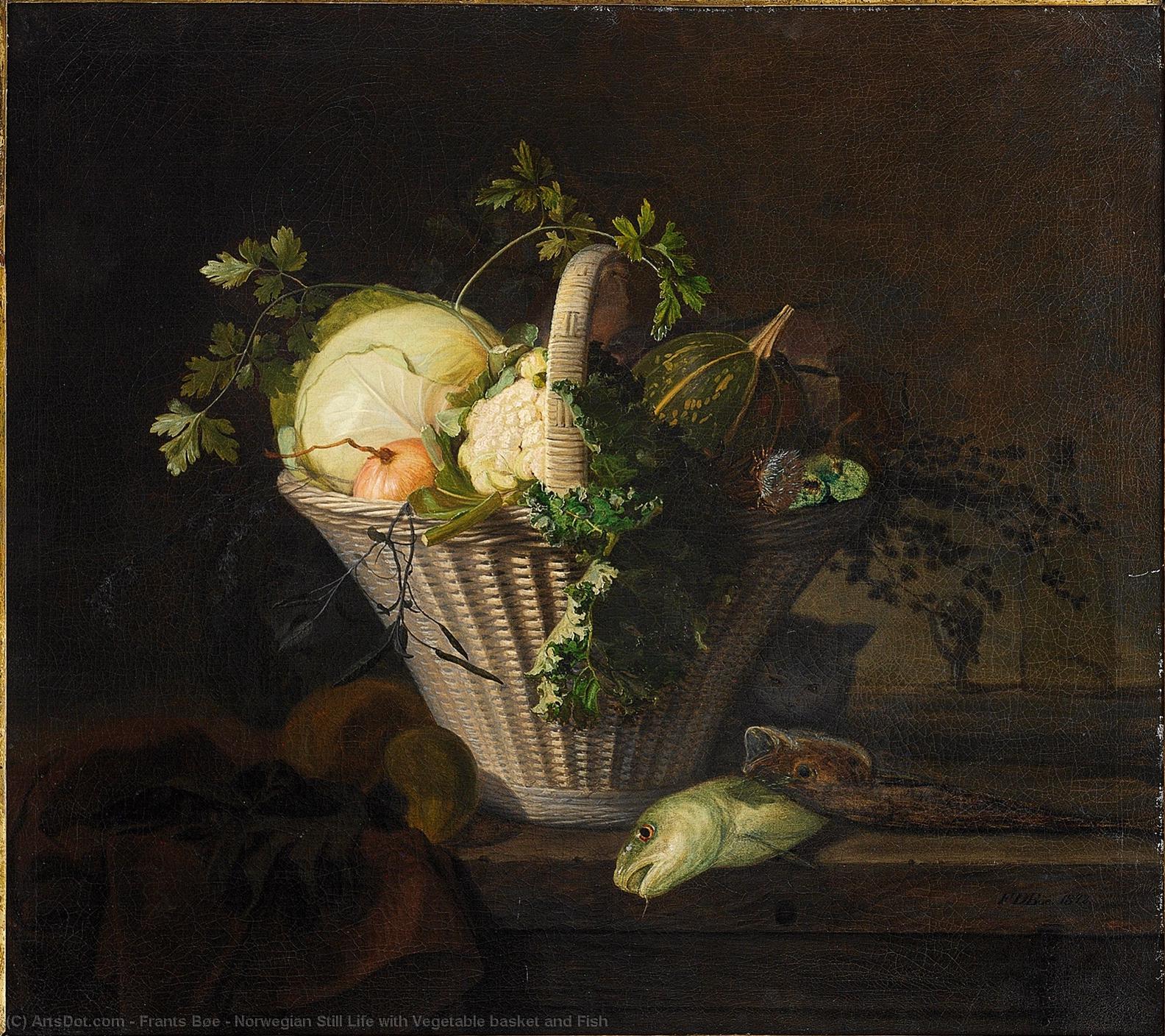 Norwegian Still Life With Vegetable Basket And Fish — Frants Bøe