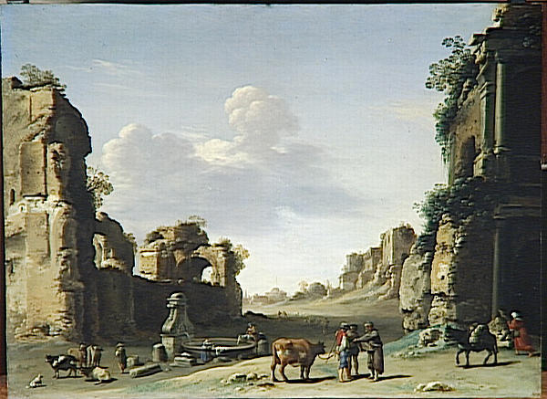 Vue De Fantaisie Du Campo Vaccino A Rome Avec Un Ane — Kornelis Van Poelenbuh