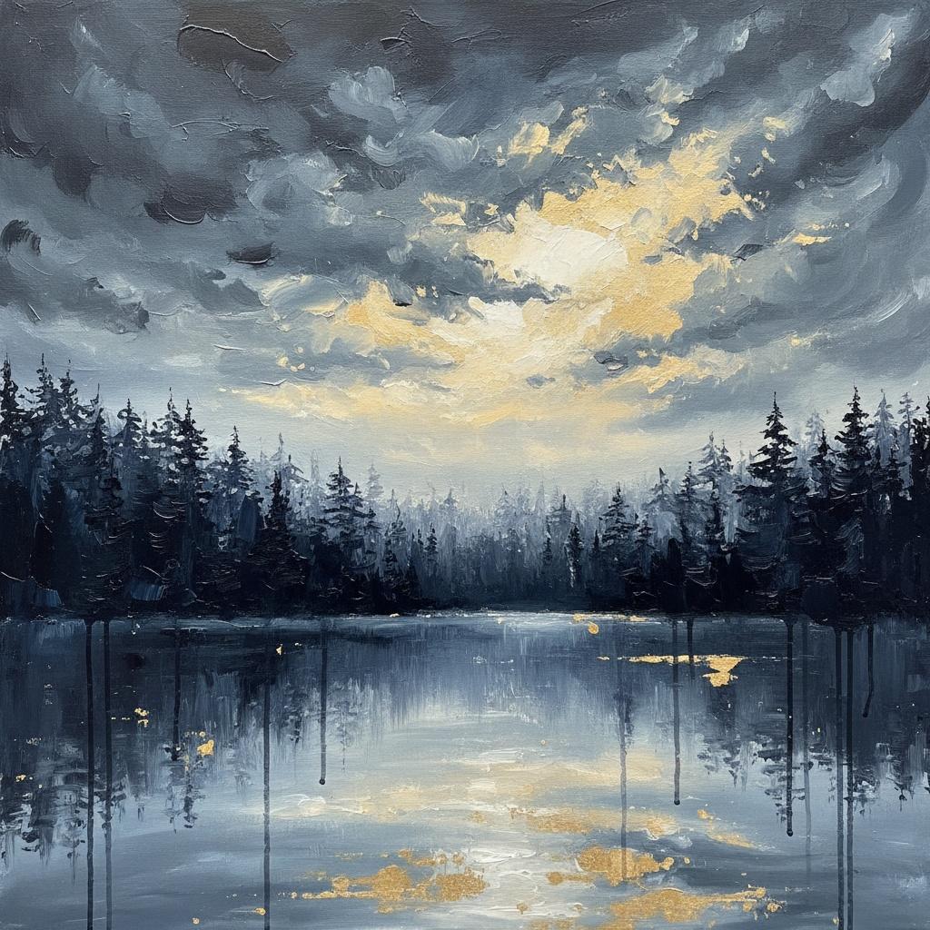 Goldener Glanz Inmitten Der Schwere Von Holzkohlehimmeln Und Stillen Waldreflexionen — Christian Noiret