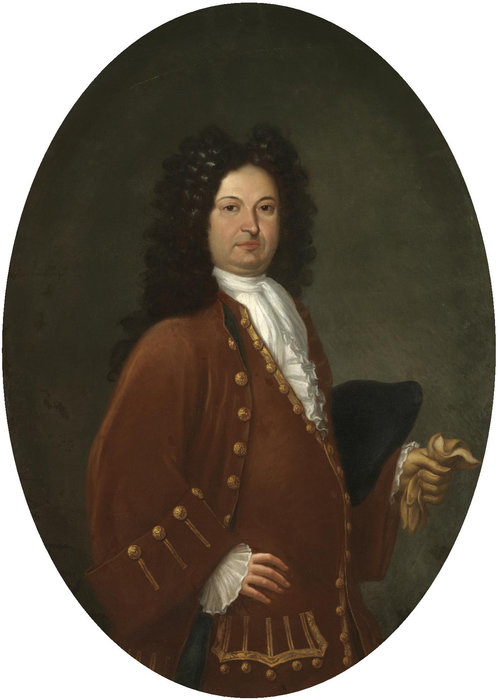Portrait Of A Gentleman, Half Length, Wearing A Maroon Coat And Holding A Glove — Sebastiano Bombelli