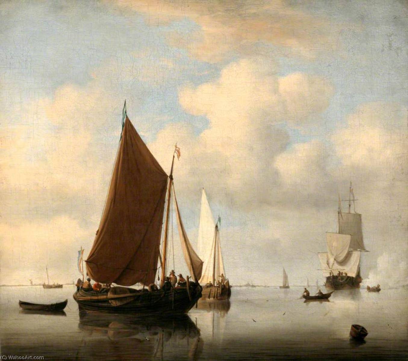 A Calm Sea With Two Fishing Boats, A Man Of War Firing A Salute Beyond — Willem Van De Velde The Elder